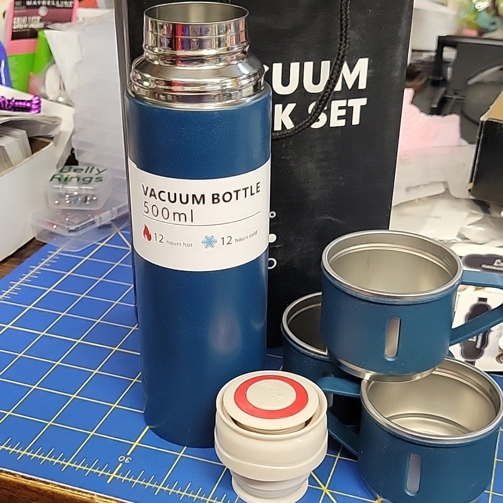 Vacuum Flask Set - Dark Teal 3 cups 1 Stopper 1 Bottle Brand New